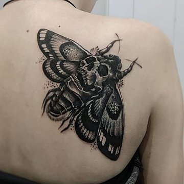 Feinlinien-Schmetterling-Tattoo mit Totenkopf auf dem Rücken