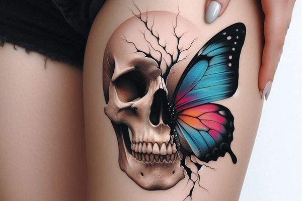 Aquarell-Stil Tattoo: Totenkopf-Schmetterling mit leuchtenden Farben
