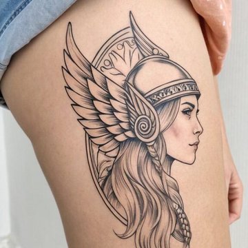 Feines Linien-Tattoo einer Schildmaid im Profil