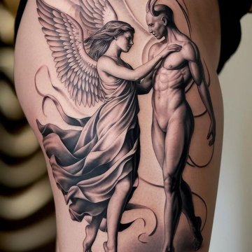 Realistisches Tattoo mit Engel und Dämon