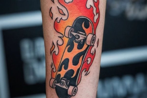 Skate-Tattoo mit Flammen im Comic-Stil
