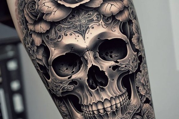 Schädel mit Rosen im Blackwork-Stil