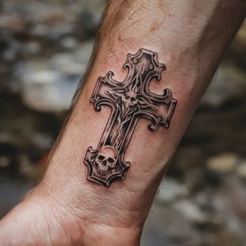 Kreuz Tattoo auf der Hand mit religiösem Symbol