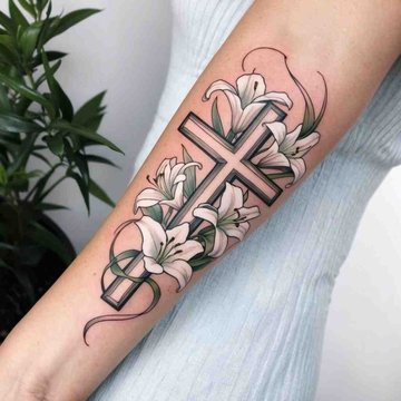 Handtattoo mit Kreuz und Lilienmotiv kombiniert